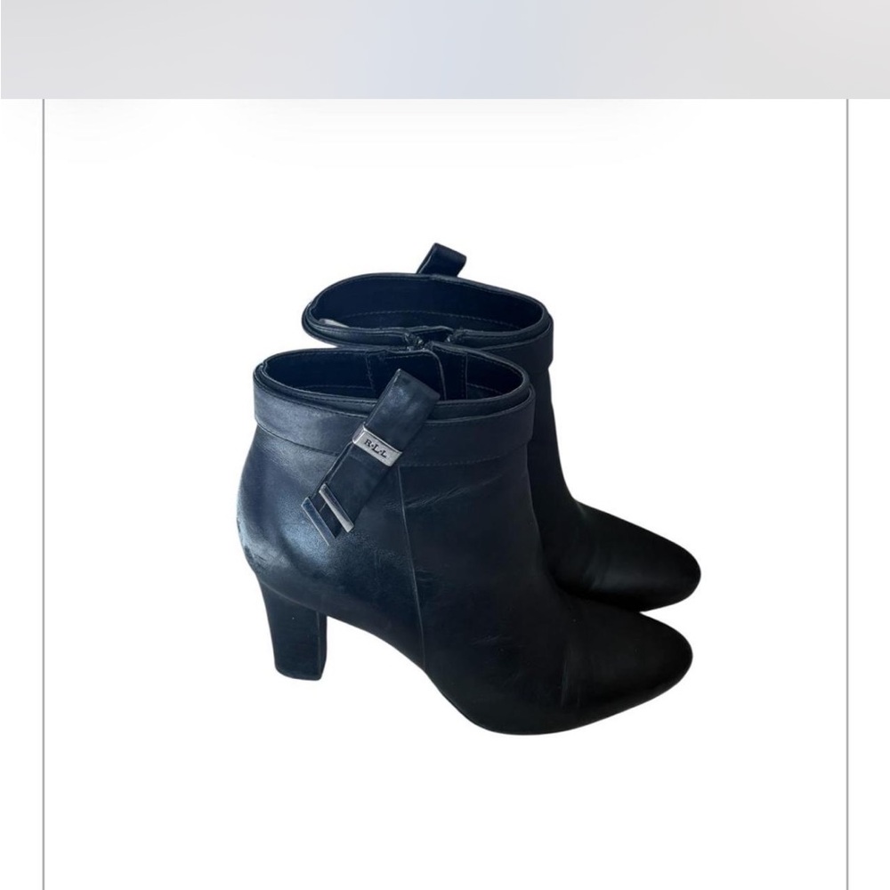 Lauren Ralph Lauren Black Leather Ankle Boots Block Heel Logo Strap Booties 7.5 - Picture 2 of 7